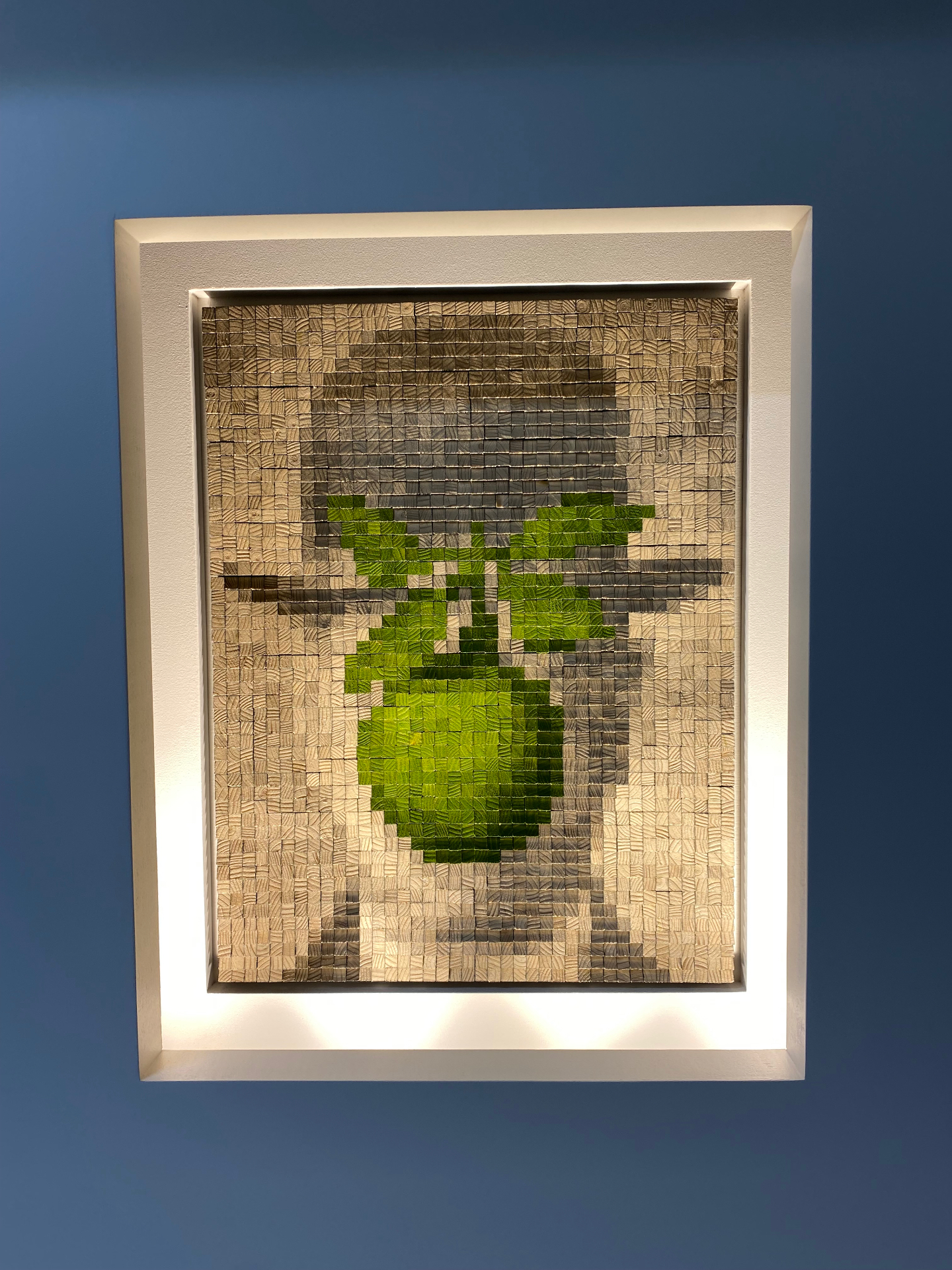 Wood Pointillism artwork, homage to René Magritte