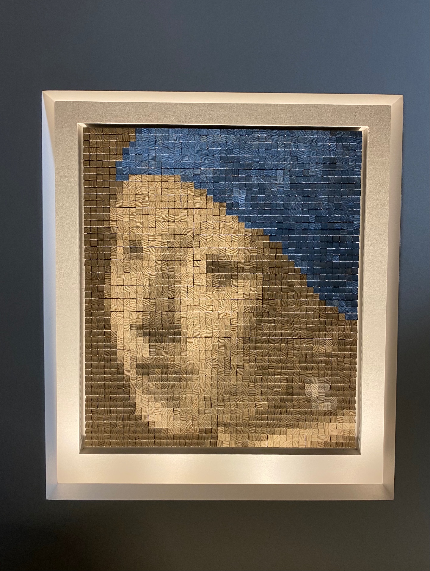 Wood Pointillism artwork, homage to Johannes Vermeer
